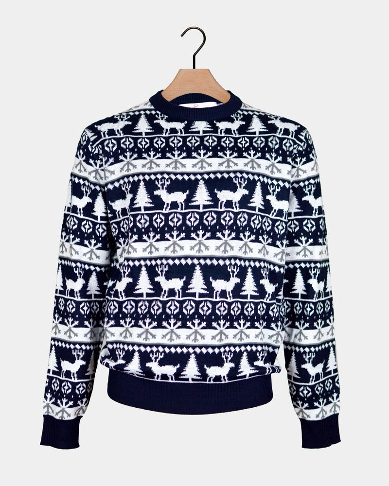 Family Ugly Christmas Sweater with Reindeers and Trees Strips