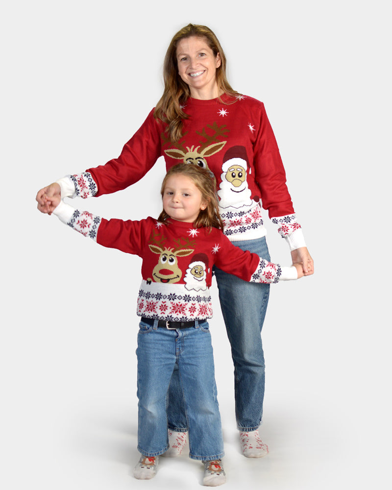 Family Ugly Christmas Sweater with Santa and Rudolph Smiling