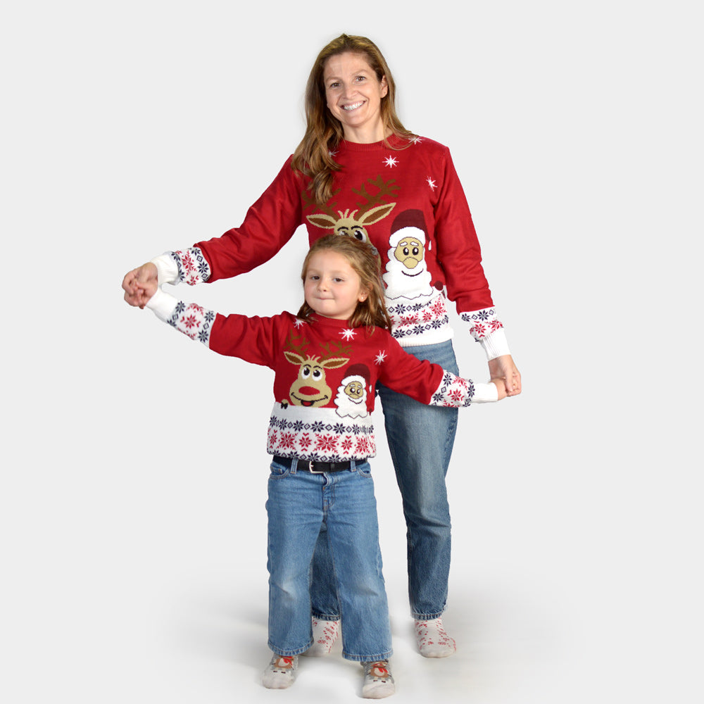 Family Ugly Christmas Sweater with Santa and Rudolph Smiling