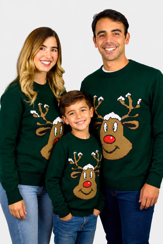Family Ugly Christmas Sweater with Smiling Reindeer Green