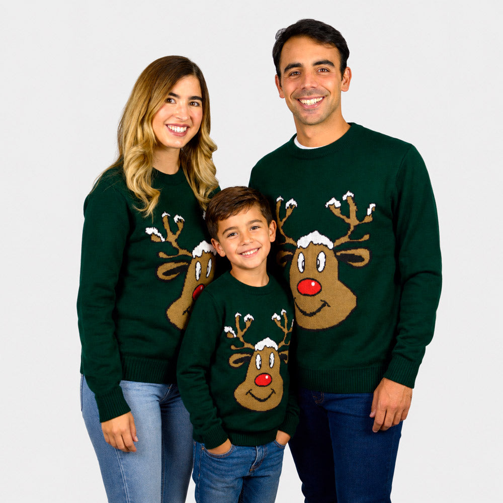 Family Ugly Christmas Sweater with Smiling Reindeer Green