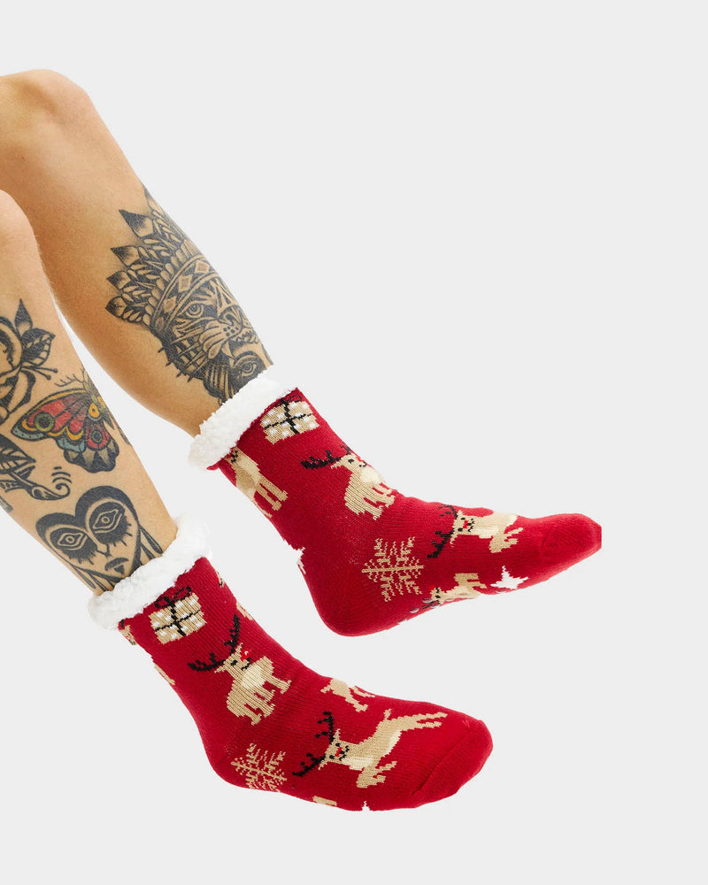 Fuzzy Ugly Christmas Socks with Reindeers and Gifts