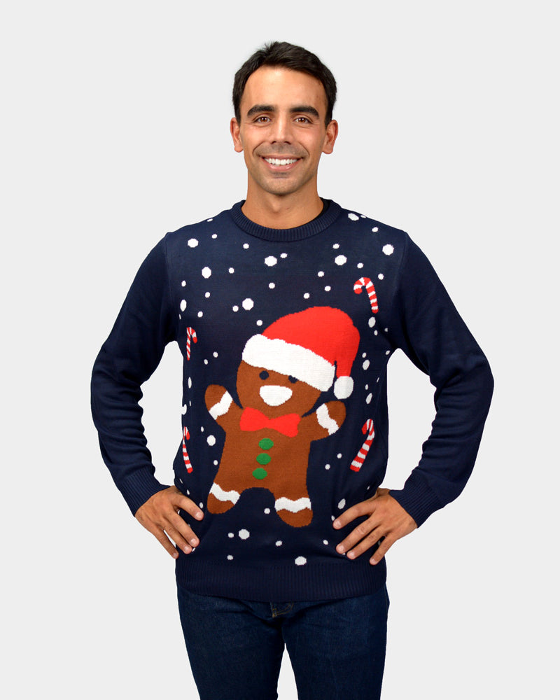 Gingerbread Couple's Mens Blue Ugly Christmas Sweater