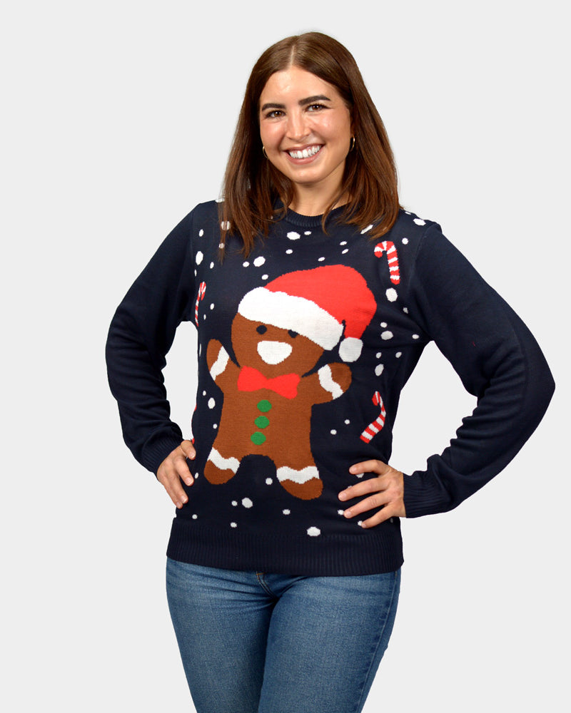 Gingerbread Couple's Womens Blue Ugly Christmas Sweater
