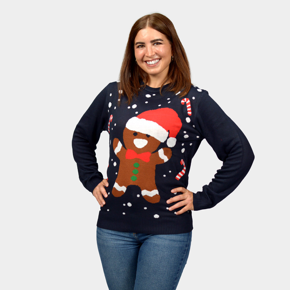 Gingerbread Couple's Womens Blue Ugly Christmas Sweater