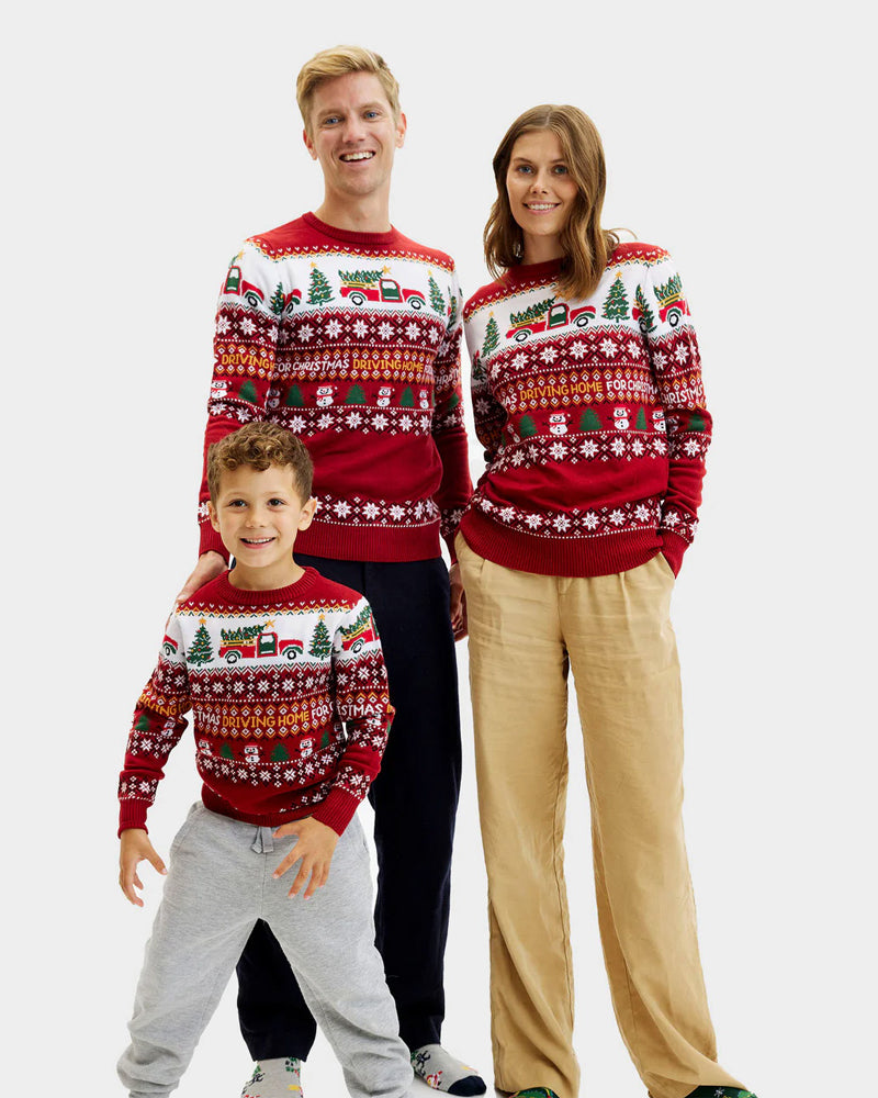 Girls and Boys Ugly Christmas Sweater Driving Home Family