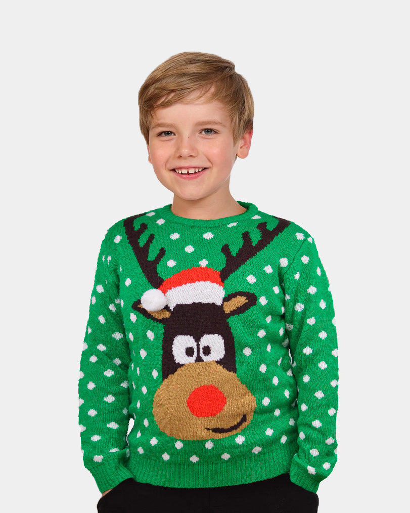 Green children 3D Ugly Christmas Sweater Reindeer Santa's hat