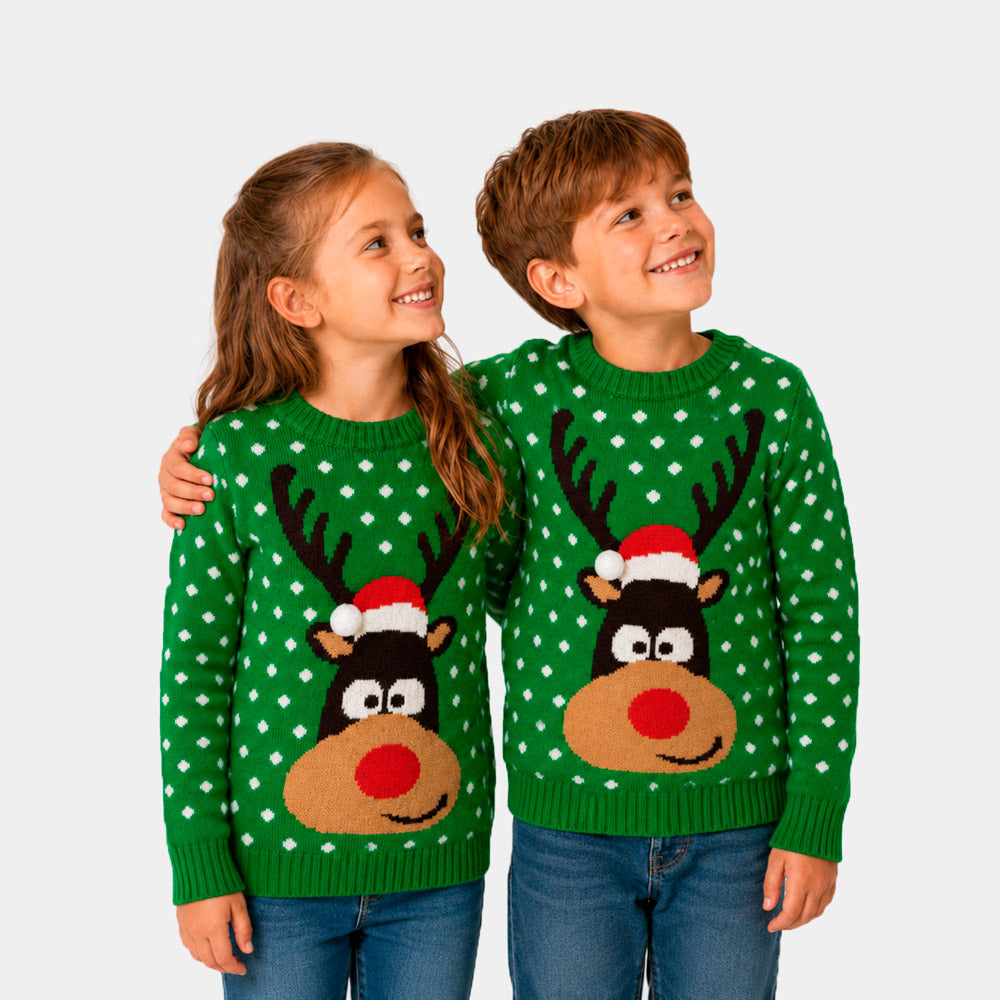 Green children 3D Ugly Christmas Sweater Reindeer Santa's hat