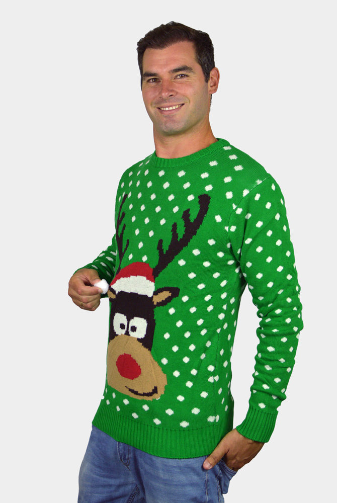 Mens Green 3D Couple's Ugly Christmas Sweater Reindeer with Santa's hat