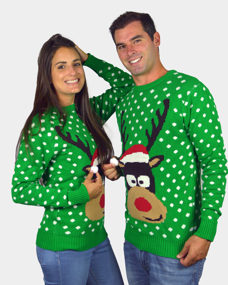 Green 3D Couple's Ugly Christmas Sweater Reindeer with Santa's hat