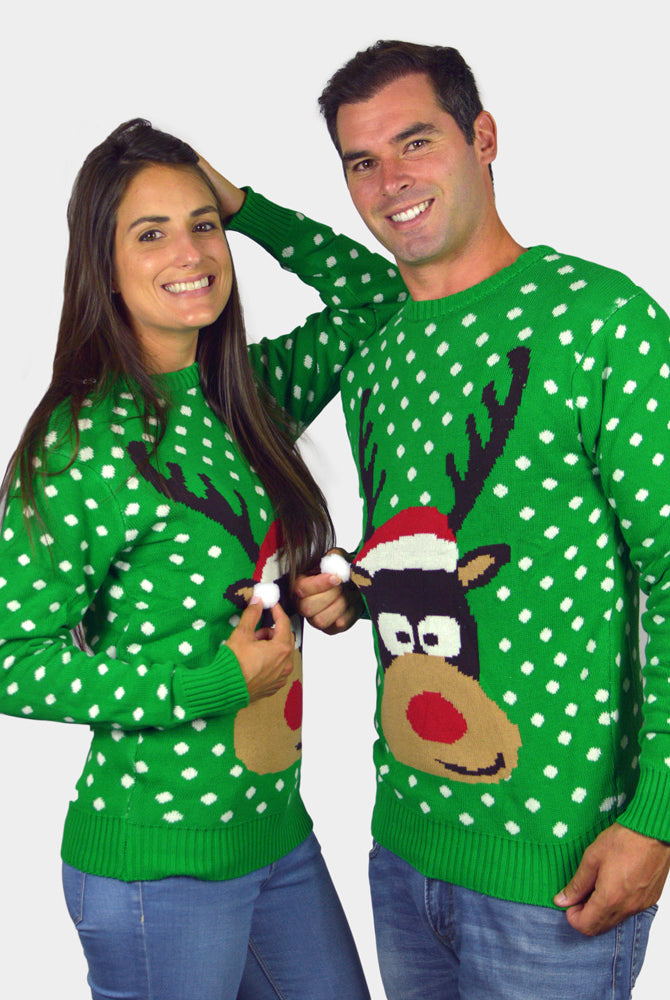 Green 3D Couple's Ugly Christmas Sweater Reindeer with Santa's hat