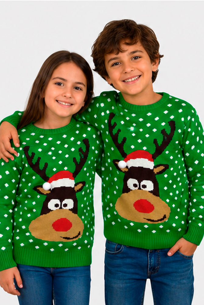 Matching Family Green 3D Cotton Ugly Christmas Sweater Children – Reindeer with Santa's hat