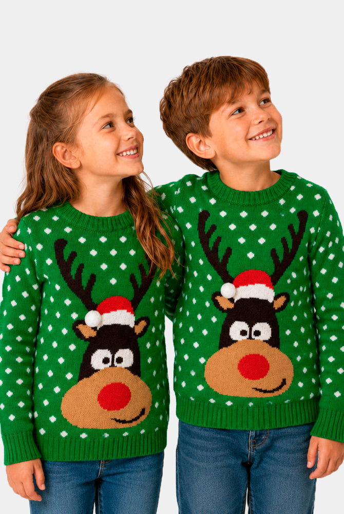 Matching Family Green 3D Cotton Ugly Christmas Sweater Children – Reindeer with Santa's hat