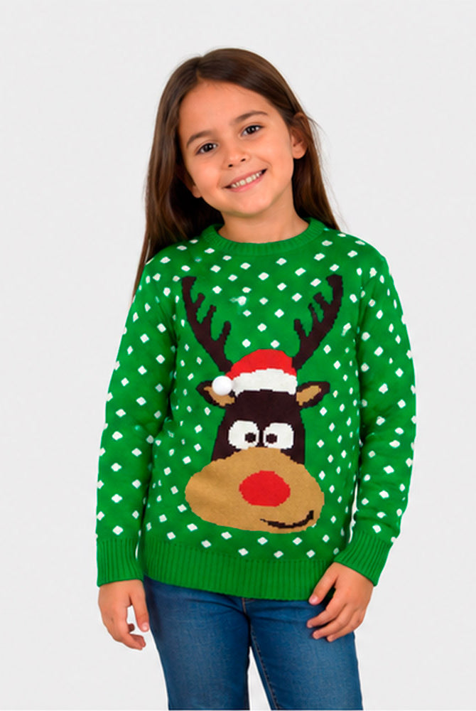 Matching Family Green 3D Cotton Ugly Christmas Sweater Girl – Reindeer with Santa's hat