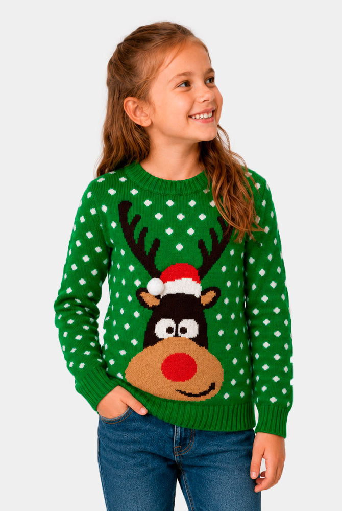 Matching Family Green 3D Cotton Ugly Christmas Sweater Girl – Reindeer with Santa's hat