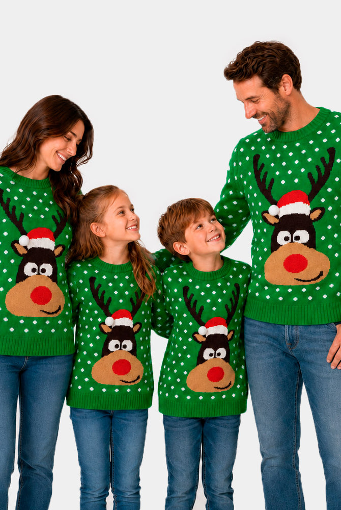 Matching Family Green 3D Cotton Ugly Christmas Sweater – Reindeer with Santa's hat