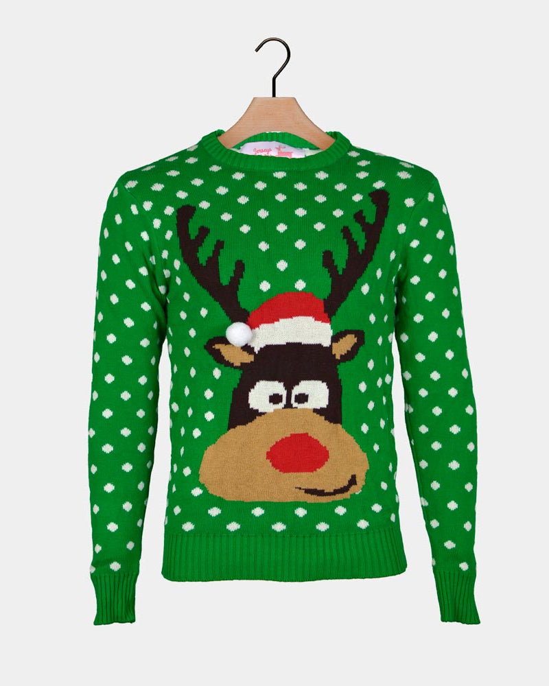 Green 3D Men's Ugly Christmas Sweater Reindeer with Santa's hat
