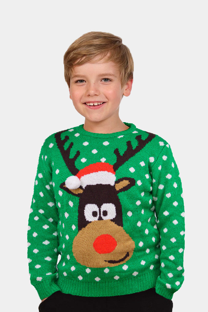 Children Green 3D Womens Ugly Christmas Sweater Reindeer Santa's hat