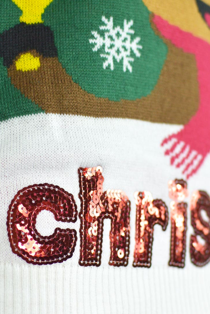 Green Couple's Ugly Christmas Sweater Holly Jolly with Sequins detail