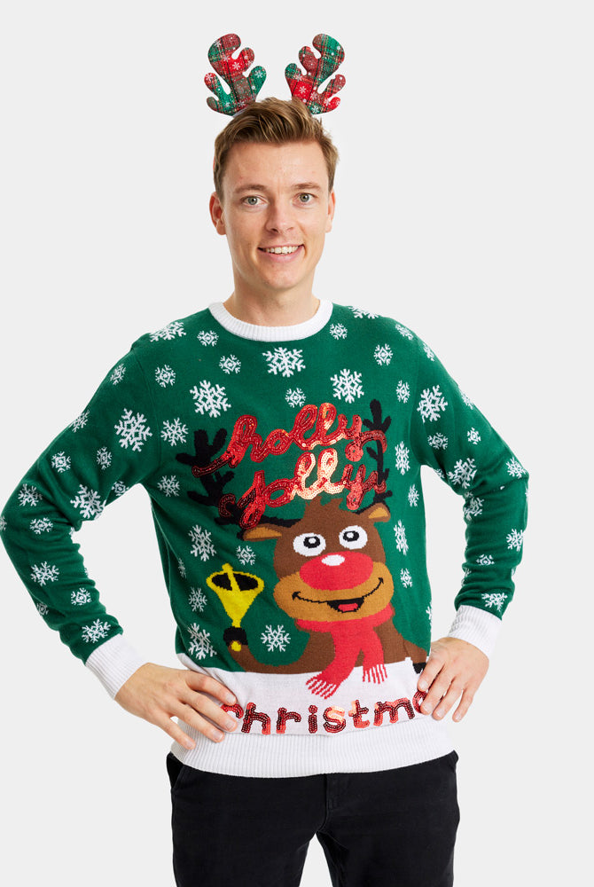 Mens Green Couple's Ugly Christmas Sweater Holly Jolly with Sequins