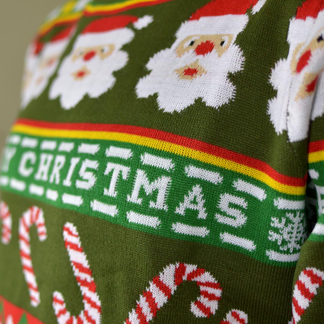 detail Green Couple's Ugly Christmas Sweater with Santa and Gifts