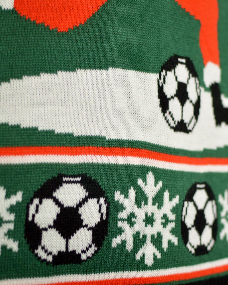 Green Couple's Ugly Christmas Sweater detail Santa playing Soccer
