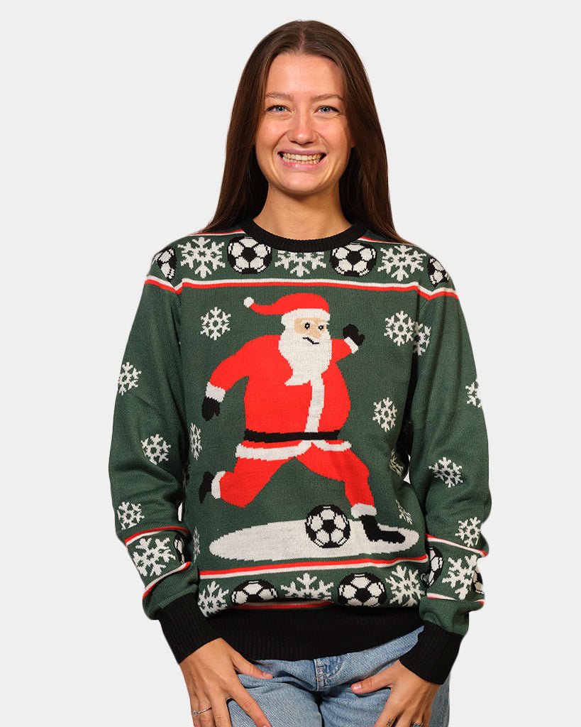Green Couple's Ugly Christmas Sweater with Santa playing Soccer womens