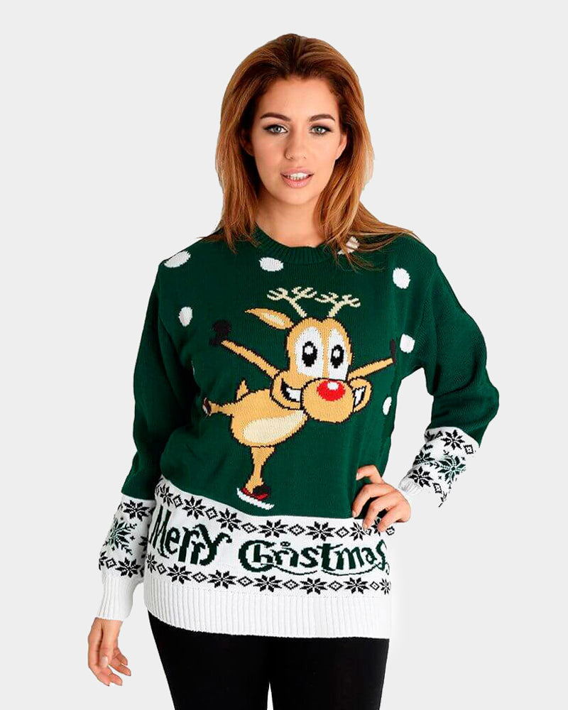 womens Green Couple's Ugly Christmas Sweater with skating Reindeer
