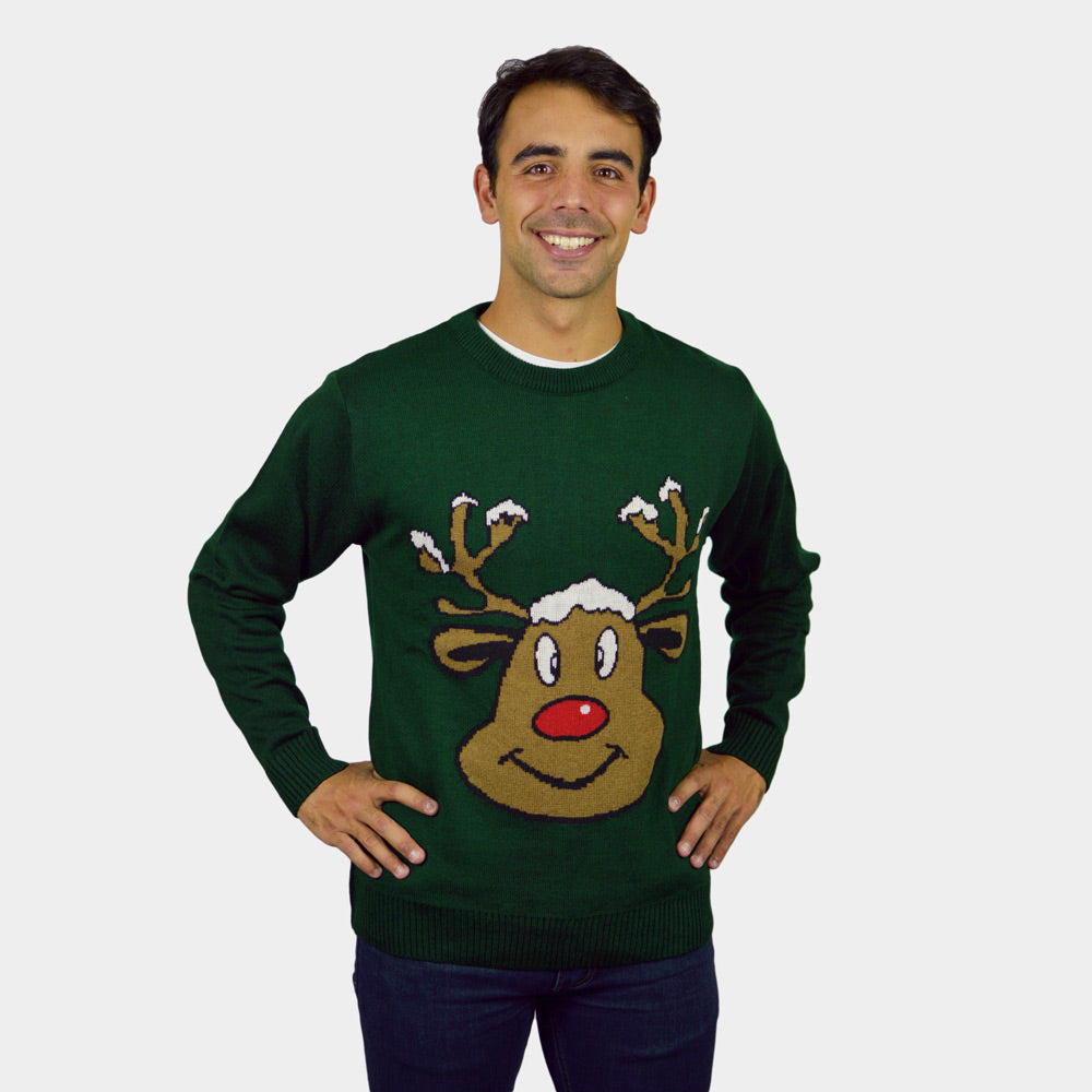 mens Green Couple's Ugly Christmas Sweater with Smiling Reindeer