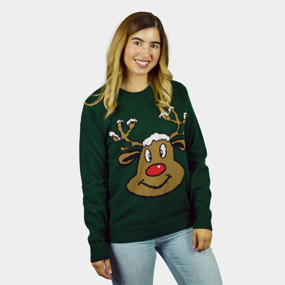Green Couple's Ugly Christmas Sweater with Smiling Reindeer womens