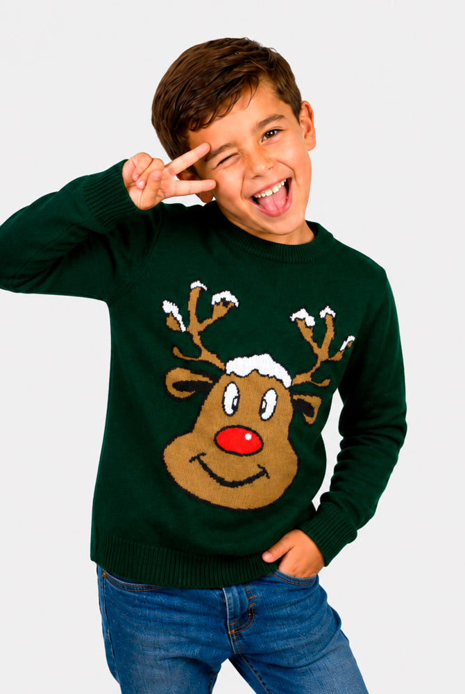 Green Family Ugly Christmas Sweater with Smiling Reindeer Children