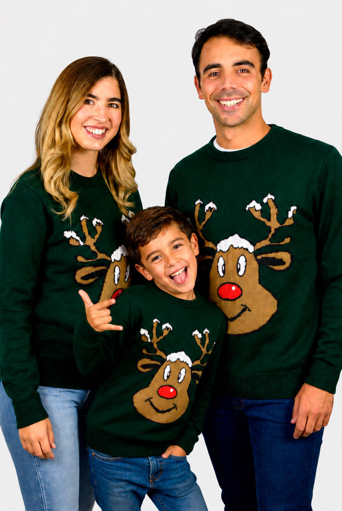 Green Family Ugly Christmas Sweater with Smiling Reindeer