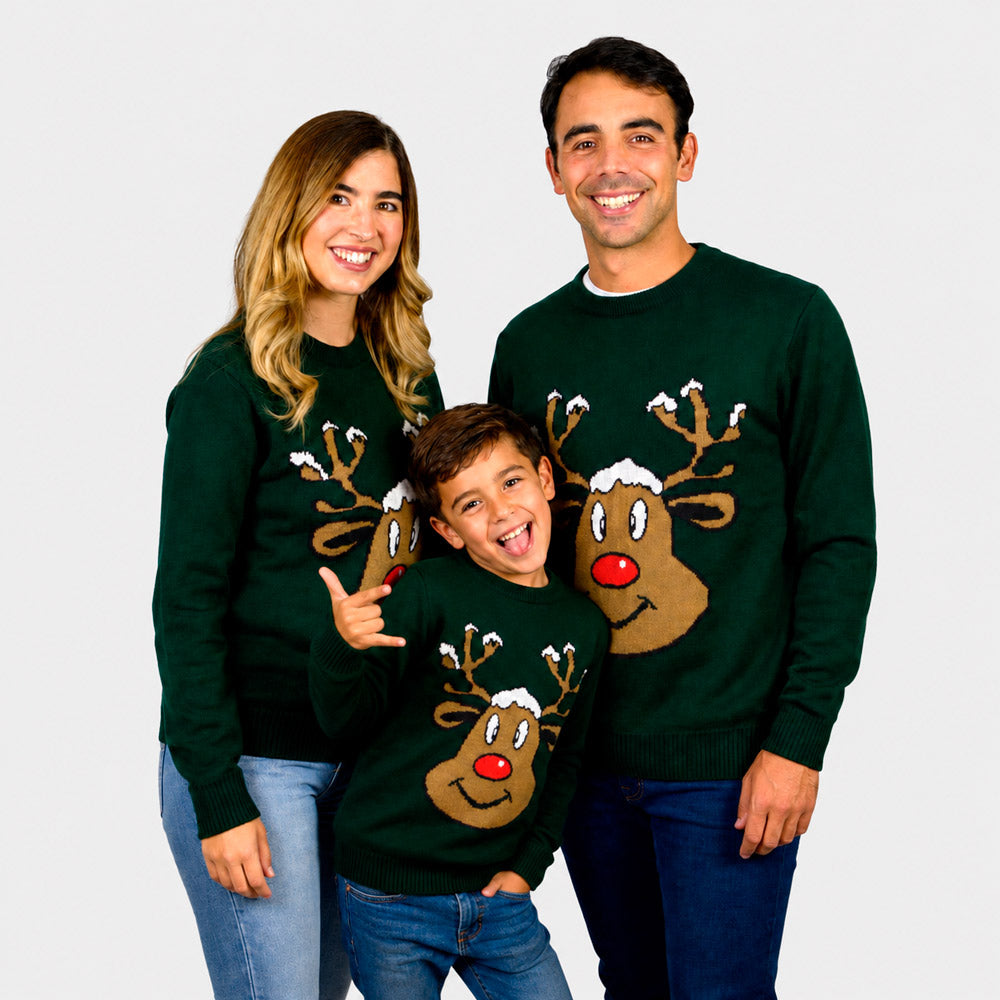 Green Family Ugly Christmas Sweater with Smiling Reindeer
