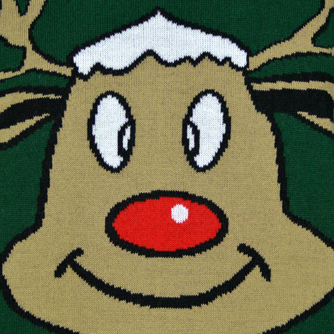 Green Men's Ugly Christmas Sweater with Smiling Reindeer detail