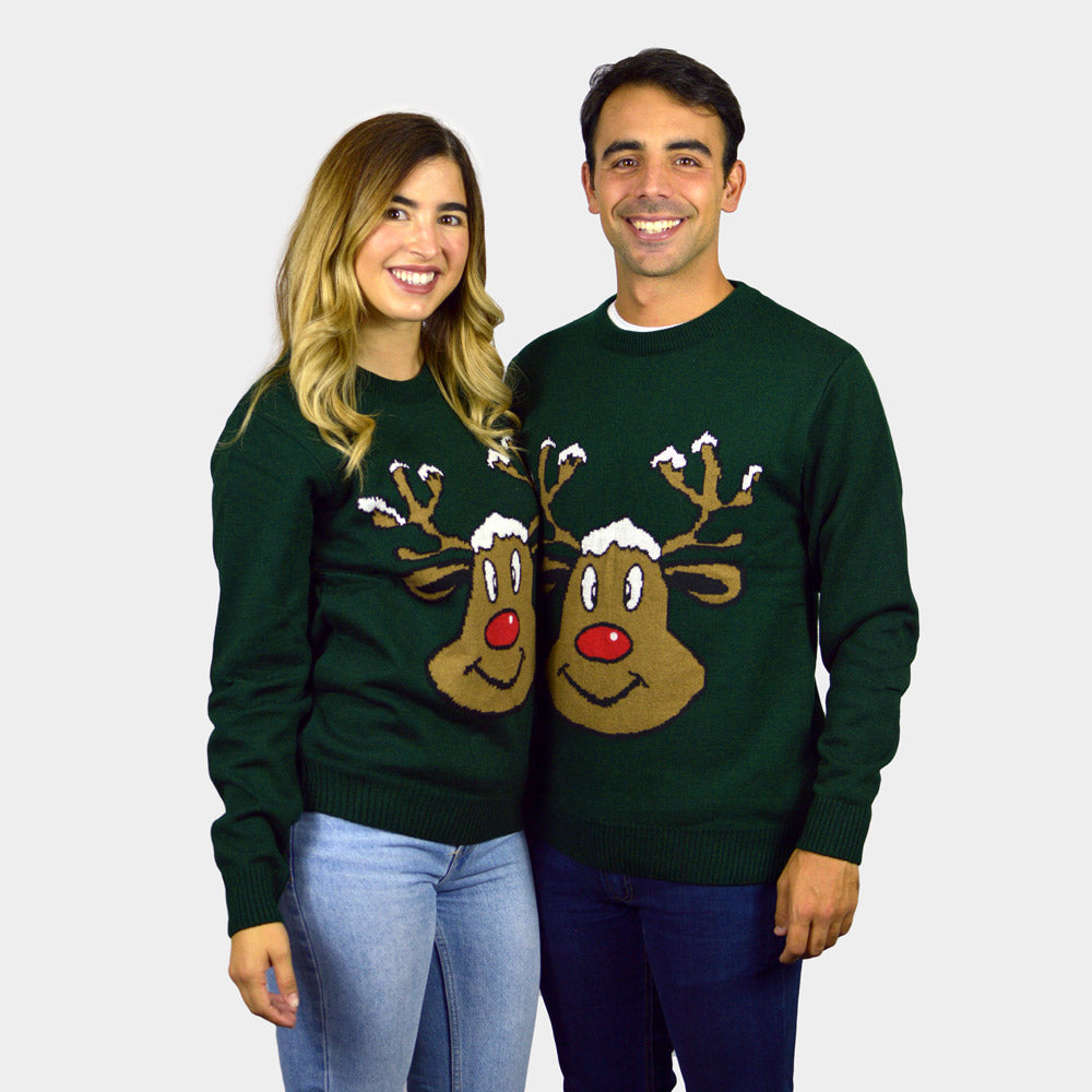 Green Men's Ugly Christmas Sweater with Smiling Reindeer womens