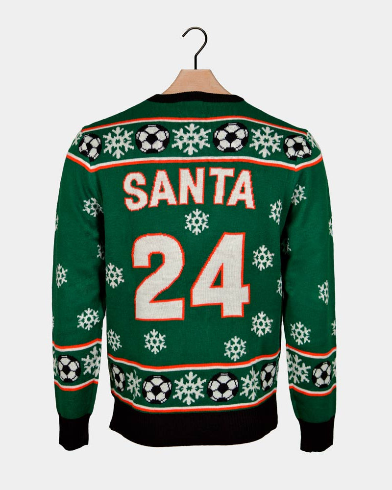 Santa playing Soccer Green Couple's Ugly Christmas Sweater