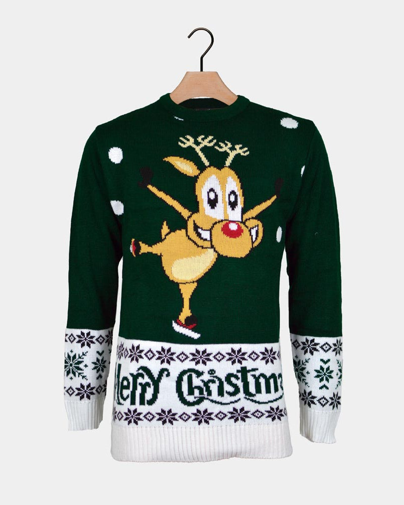 Green Couple's Ugly Christmas Sweater with skating Reindeer