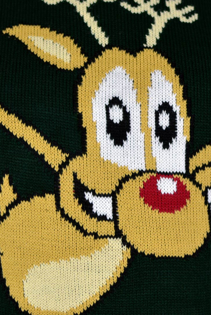 Green Detail Women's Ugly Christmas Sweater with skating Reindeer