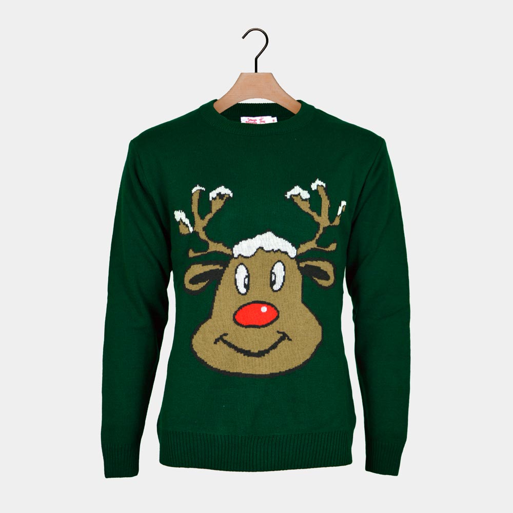 Green Men's Ugly Christmas Sweater Smiling Reindeer