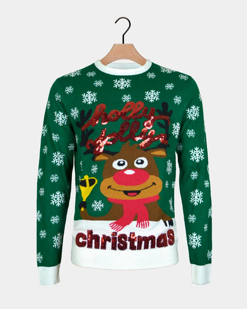 Green Men's Ugly Christmas Sweater Holly Jolly with Sequins