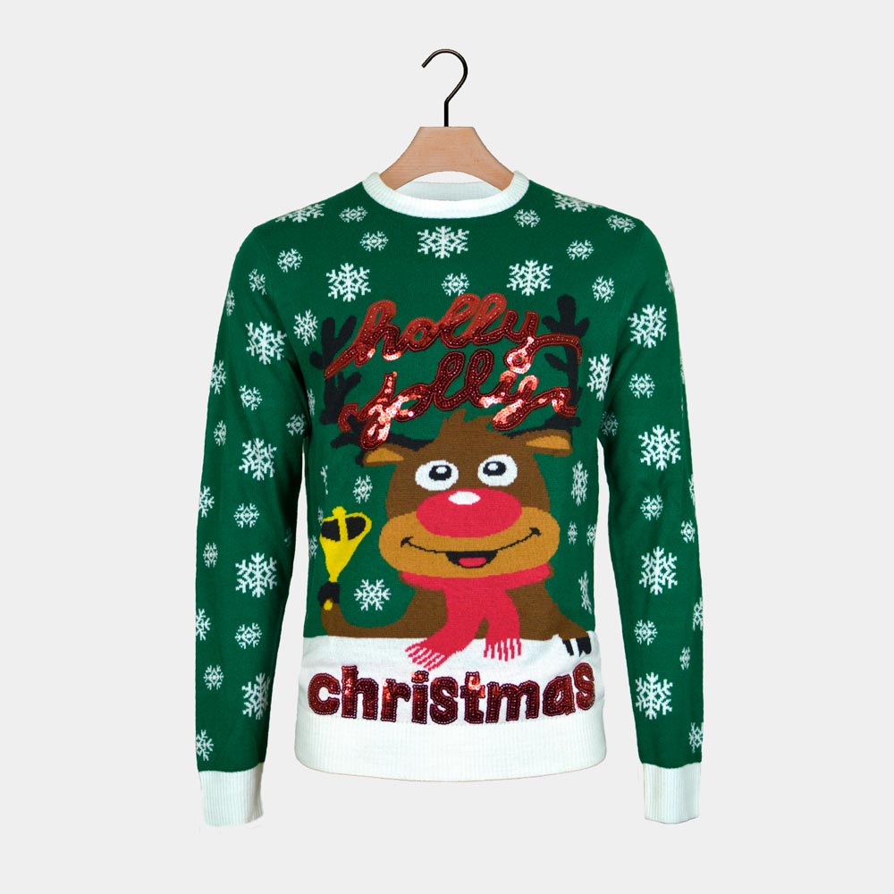 Green Men's Ugly Christmas Sweater Holly Jolly with Sequins