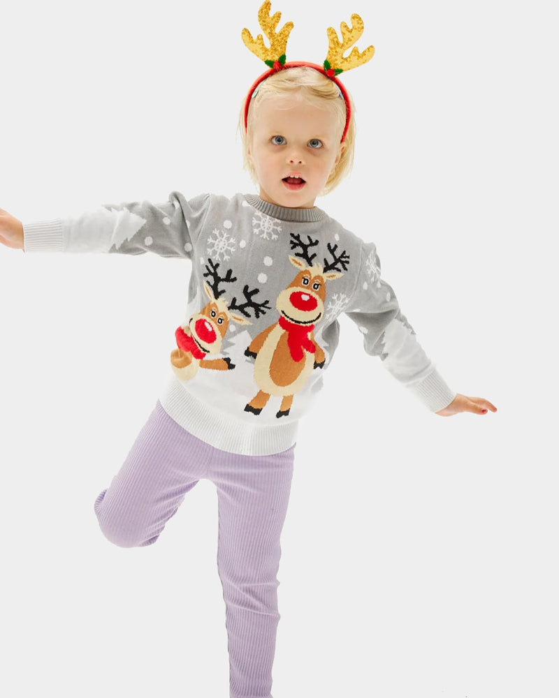Childrens Grey Organic Cotton Cute Reindeers Family Ugly Christmas Sweater