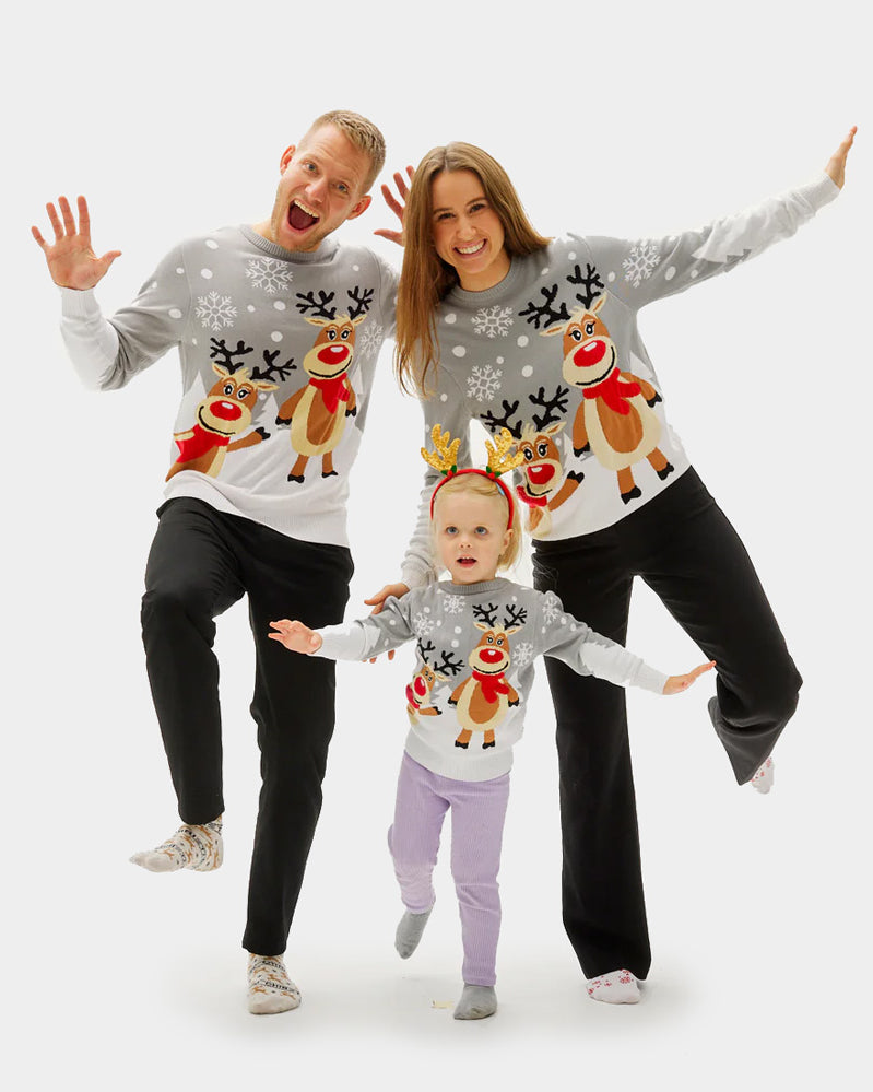 Grey Organic Cotton Cute Reindeers Family Ugly Christmas Sweater