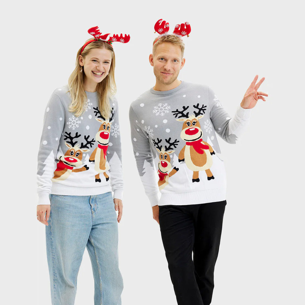 Grey Organic Cotton Cute Reindeers Children Women Men Ugly Christmas Sweater