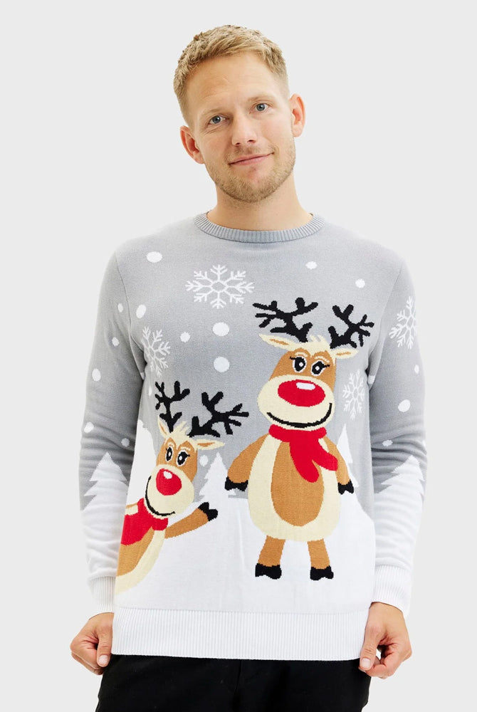 Grey Organic Cotton Cute Reindeers Couple's Ugly Christmas Sweater Mens