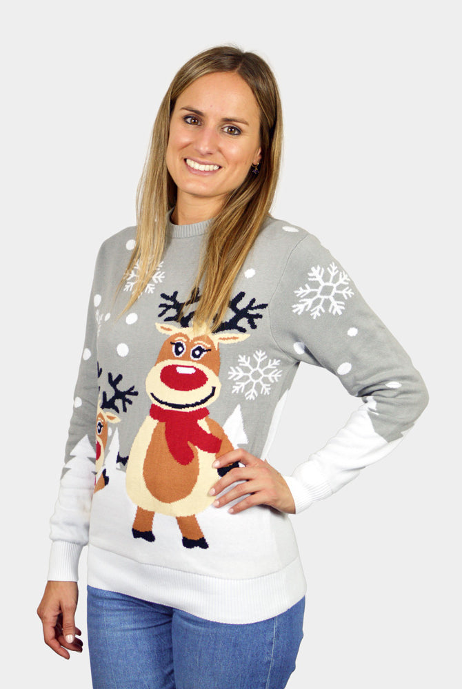 Womens Grey Organic Cotton Cute Reindeers Couple's Ugly Christmas Sweater