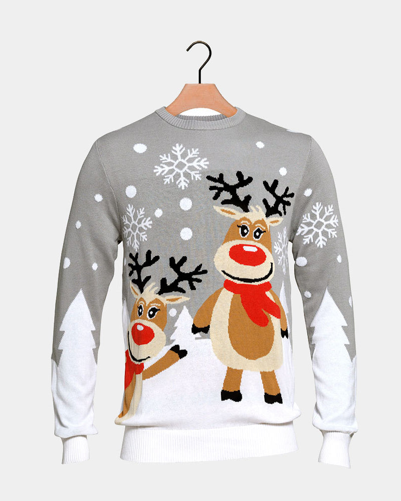 Grey Organic Cotton Cute Reindeers Men's Ugly Christmas Sweater