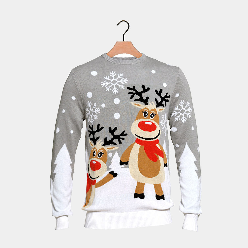 Grey Organic Cotton Cute Reindeers Men's Ugly Christmas Sweater