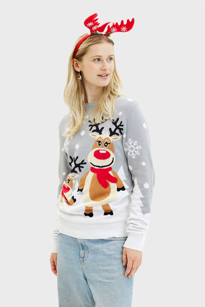 Grey Organic Cotton Cute Reindeers Womens Mens Ugly Christmas Sweater