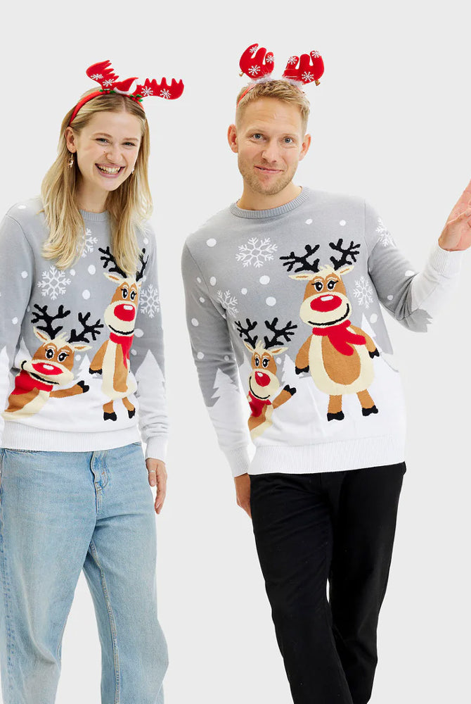 Grey Organic Cotton Cute Reindeers Womens Mens Ugly Christmas Sweater